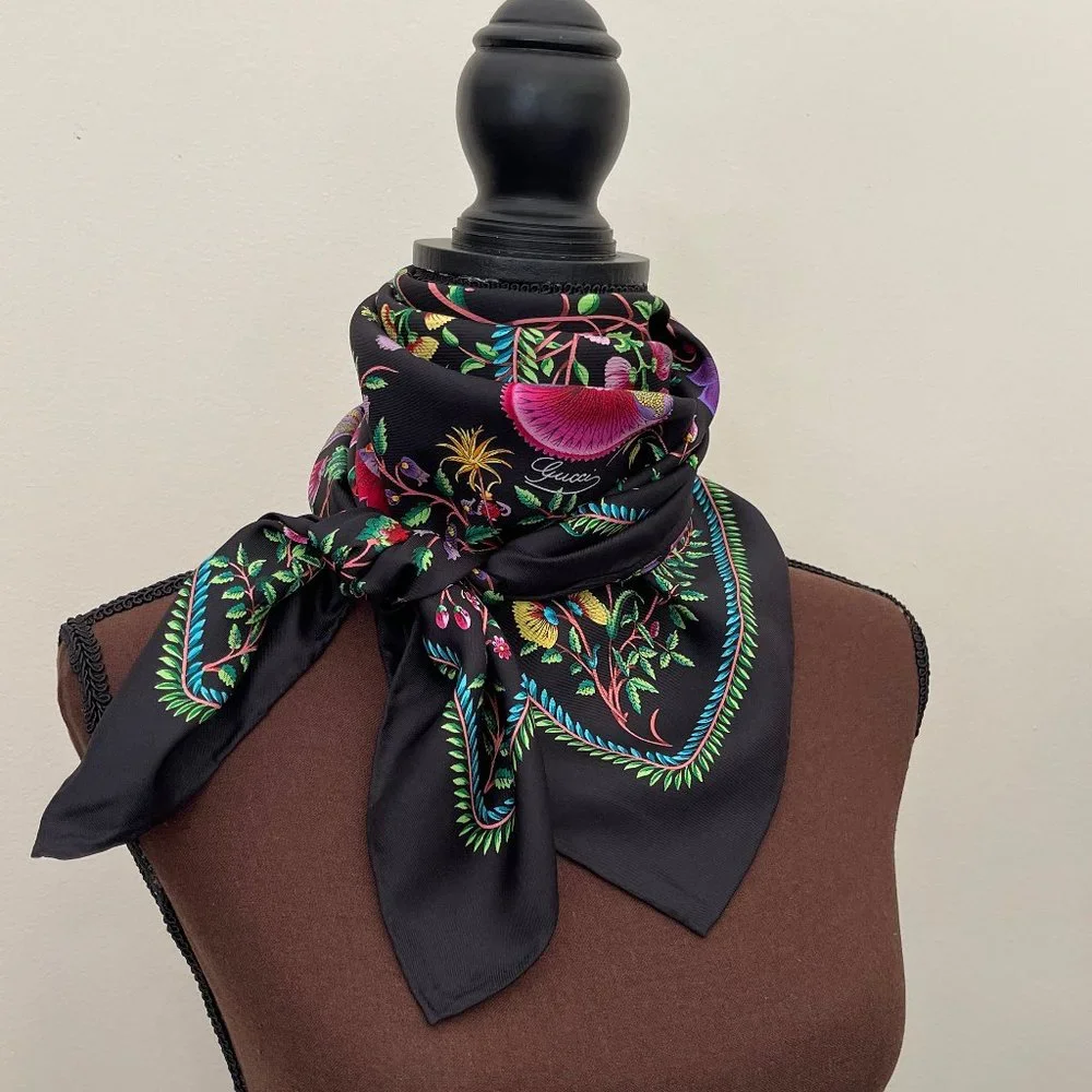 Display #2 Gucci Floral Black Green Multicolor Flora Silk Scarf Wrap